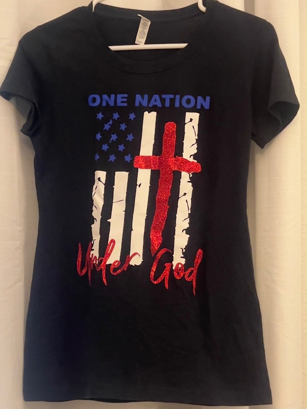 One Nation Under God Black Women’s Graphic Tee with Red Cross Size Medium